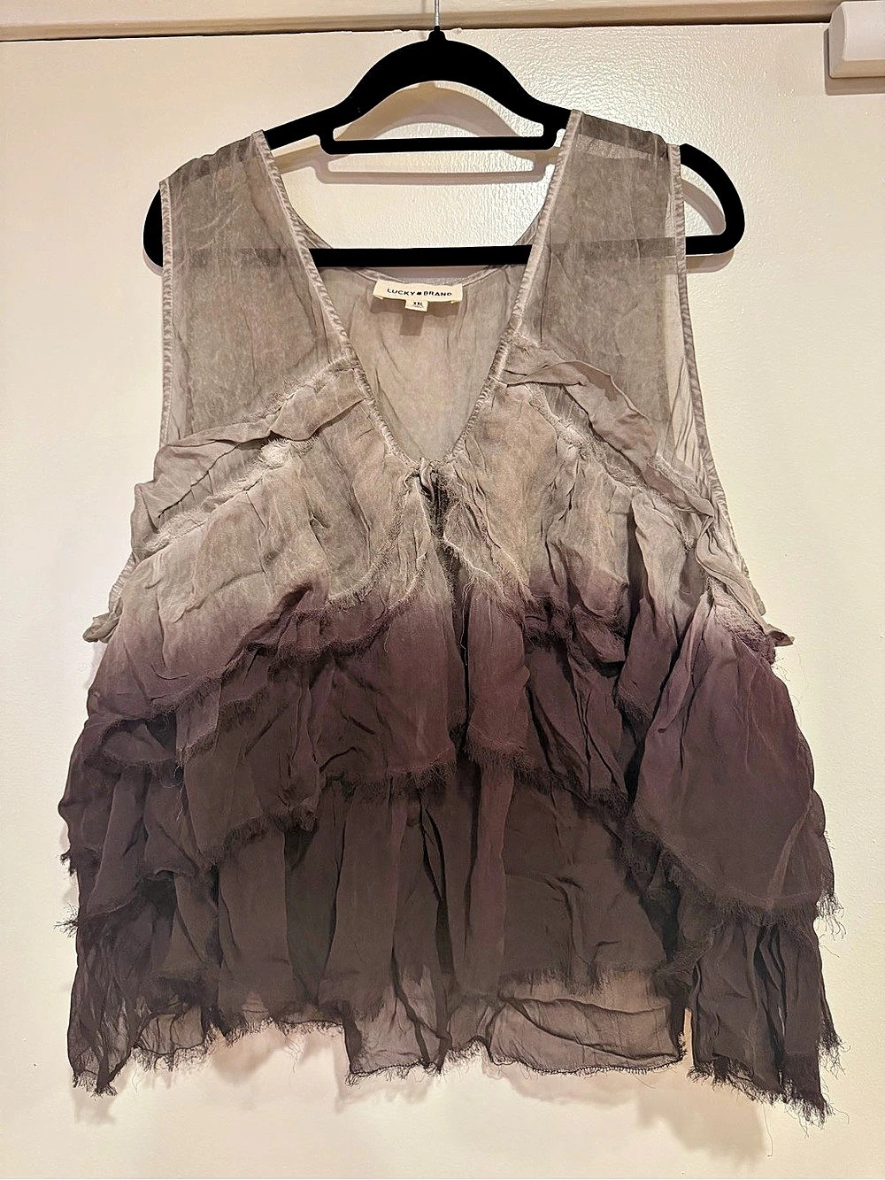 Lucky Brand Boho Ombre Ruffle Tank Top Tie Closure in Brown & Gray XXL